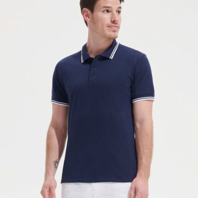 Рубашка поло мужская Pasadena Men 200 с контрастной отделкой, белая с голубым