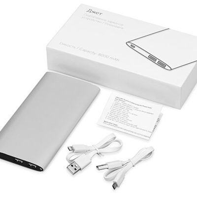 Портативное зарядное устройство Джет с 2-мя USB-портами, 8000 mAh, серебристый