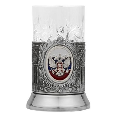 Подстаканник с хрустальным стаканом и ложкой РОССИЙСКИЙ-М, серебристый/прозрачный