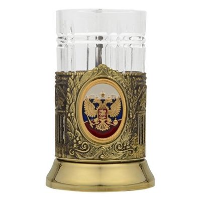Подстаканник с хрустальным стаканом и ложкой РОССИЙСКИЙ-Л, золотистый/прозрачный