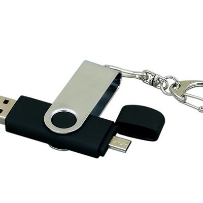 Флешка с  поворотным механизмом, c дополнительным разъемом Micro USB, 16 Гб, черный