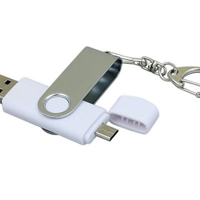 Флешка с  поворотным механизмом, c дополнительным разъемом Micro USB, 16 Гб, белый