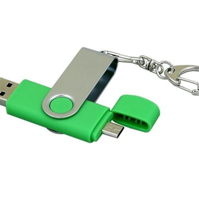 Флешка с  поворотным механизмом, c дополнительным разъемом Micro USB, 16 Гб, зеленый