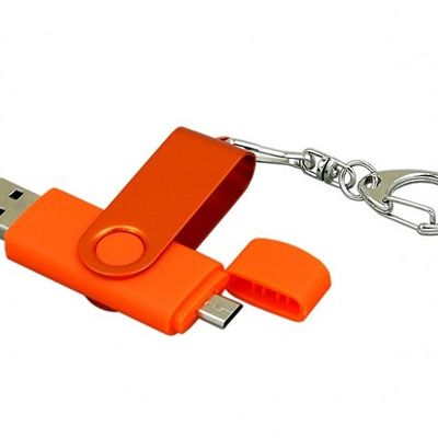 Флешка с поворотным механизмом, c дополнительным разъемом Micro USB, 16 Гб, оранжевый