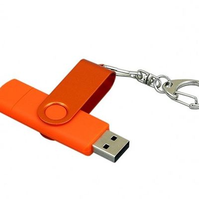 Флешка с поворотным механизмом, c дополнительным разъемом Micro USB, 16 Гб, оранжевый