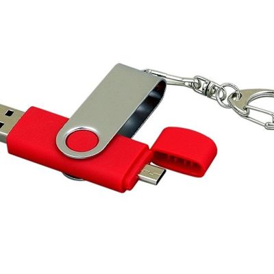 Флешка с  поворотным механизмом, c дополнительным разъемом Micro USB, 32 Гб, красный