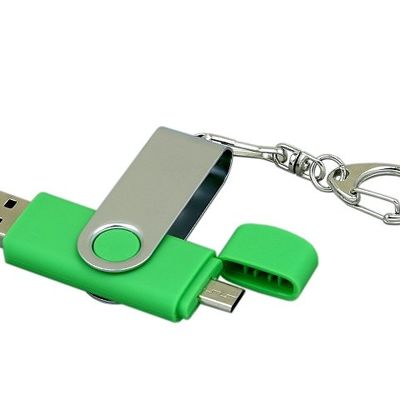 Флешка с  поворотным механизмом, c дополнительным разъемом Micro USB, 32 Гб, зеленый