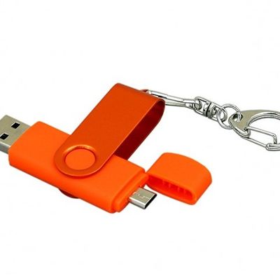 Флешка с поворотным механизмом, c дополнительным разъемом Micro USB, 32 Гб, оранжевый