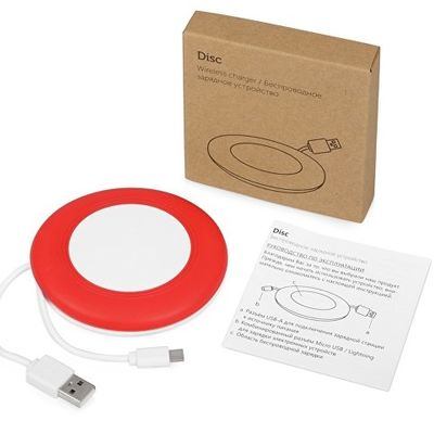 Беспроводное зарядное устройство со встроенным кабелем 2-в-1 Disc, красный