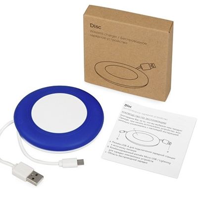 Беспроводное зарядное устройство со встроенным кабелем 2-в-1 Disc, синий