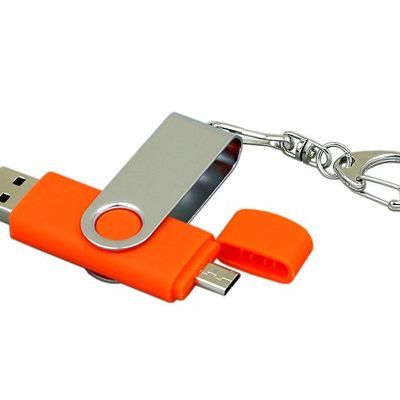 Флешка с  поворотным механизмом, c дополнительным разъемом Micro USB, 64 Гб, оранжевый