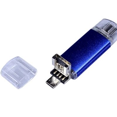 USB-флешка на 64 ГБ c двумя дополнительными разъемами MicroUSB и TypeC, синий