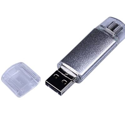 USB-флешка на 64 ГБ c двумя дополнительными разъемами MicroUSB и TypeC, серебро