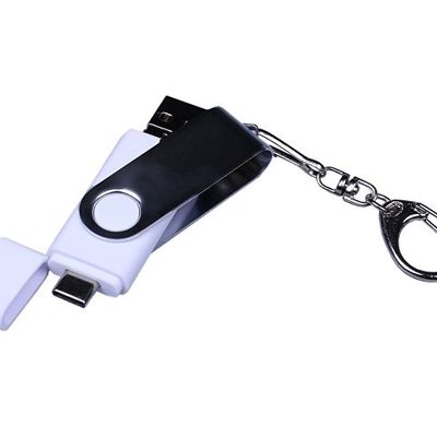USB-флешка на 64 ГБ поворотный механизм, c двумя дополнительными разъемами MicroUSB и TypeC, белый