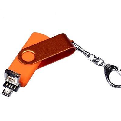 USB-флешка на 16 Гб 3 в 1 поворотный механизм, c двумя дополнительными разъемами MicroUSB и TypeC C с одноцветным металлическим клипом, оранжевый