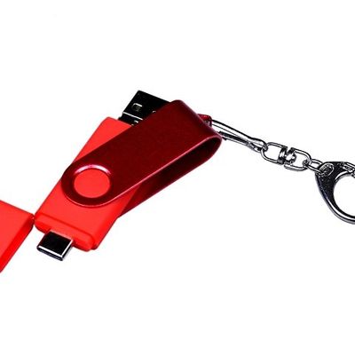 USB-флешка на 16 Гб 3 в 1 поворотный механизм, c двумя дополнительными разъемами MicroUSB и TypeC C с одноцветным металлическим клипом, красный