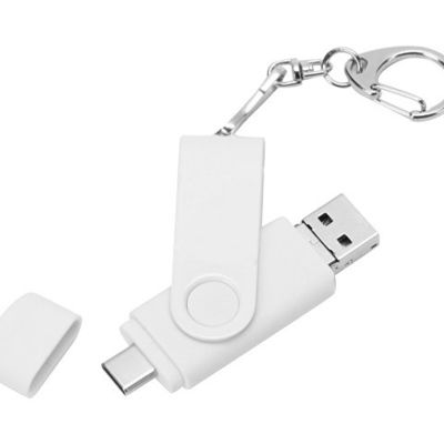 USB-флешка на 32 Гб 3 в 1 поворотный механизм, c двумя дополнительными разъемами MicroUSB и TypeC C с одноцветным металлическим клипом, белый