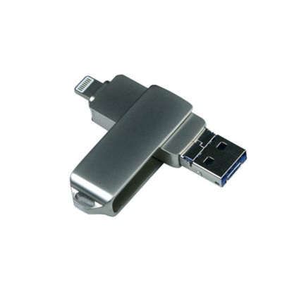 USB-флешка на 32 Гб, интерфейс USB3.0, поворотный механизм,c дополнительными разъемами для I-phone Lightning и Micro USB,  полностью металлический корпус, серебро