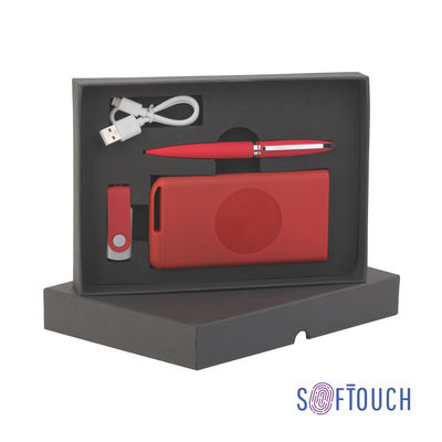 Набор ручка "Rocket" + флеш-карта "Vostok" 16Гб + беспроводное ЗУ "Theta Wireless" 4000 mAh, soft touch, цвет красный с серебристым