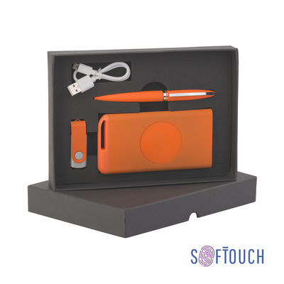 Набор ручка "Rocket" + флеш-карта "Vostok" 16Гб + беспроводное ЗУ "Theta Wireless" 4000 mAh, soft touch, цвет оранжевый с серебристым