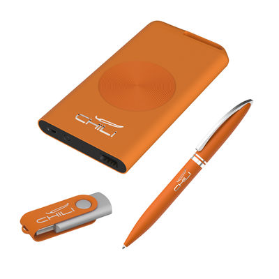 Набор ручка "Rocket" + флеш-карта "Vostok" 16Гб + беспроводное ЗУ "Theta Wireless" 4000 mAh, soft touch, цвет оранжевый с серебристым