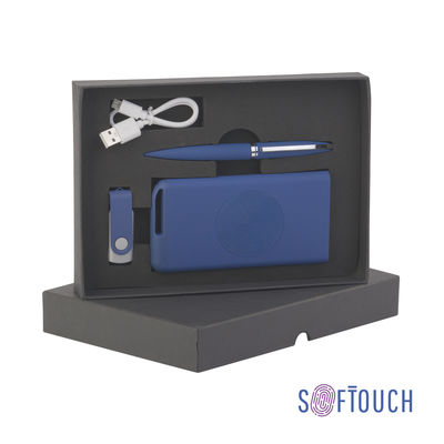 Набор ручка "Rocket" + флеш-карта "Vostok" 16Гб + беспроводное ЗУ "Theta Wireless" 4000 mAh, soft touch, цвет темно-синий с серебристым