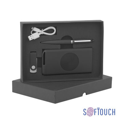 Набор ручка "Rocket" + флеш-карта "Vostok" 16Гб + беспроводное ЗУ "Theta Wireless" 4000 mAh, soft touch, цвет черный с серебристым