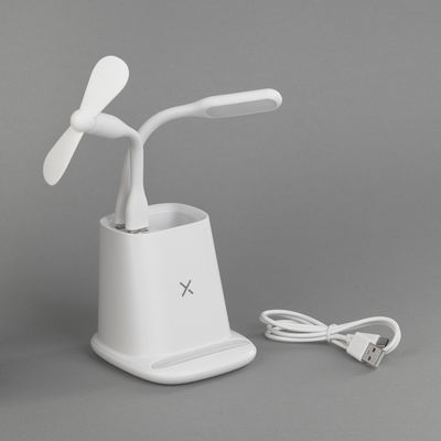 Карандашница "Smart Stand" с беспроводным зарядным устройством, вентилятором и лампой (2USB разъёма), цвет белый