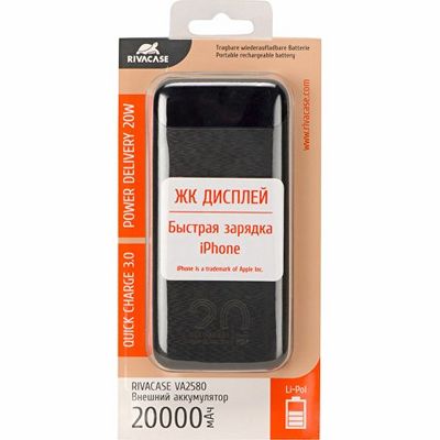 RIVACASE VA2580 (20 000mAh), QC/PD 20W внешний аккумулятор с дисплеем, черный /24