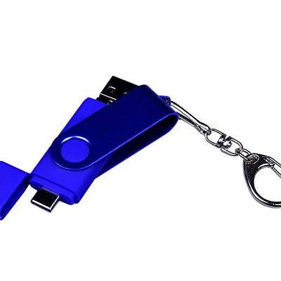 USB-флешка на 32 Гб 3 в 1 поворотный механизм, c двумя дополнительными разъемами MicroUSB и TypeC C с одноцветным металлическим клипом, синий