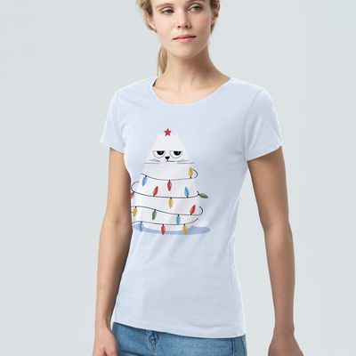 Футболка женская «Елки-кошки», голубая