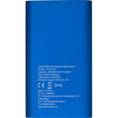 Беспроводное портативное зарядное устройство емкостью 4000 мАч Juice, синий