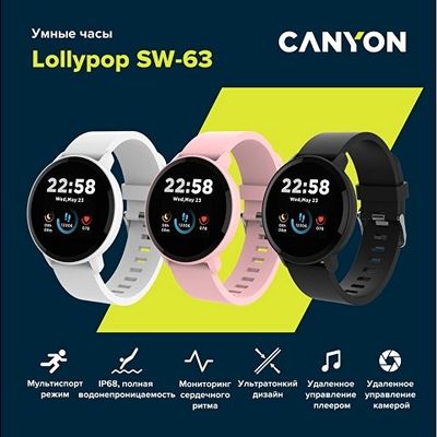 Умные часы CANYON Lollypop SW-63, IP 68, BT 5.0, сенсорный дисплей 1.3, черный