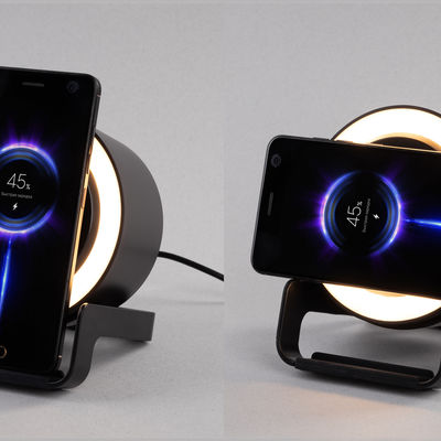 Bluetooth колонка-подставка "Smart Loud" с беспроводным (10W) зарядным устройством, лампой и подсветкой логотипа, цвет черный