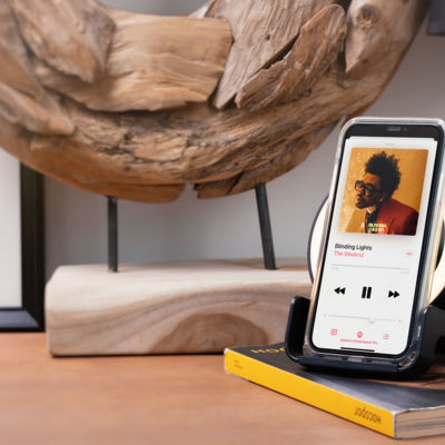 Bluetooth колонка-подставка "Smart Loud" с беспроводным (10W) зарядным устройством, лампой и подсветкой логотипа, цвет черный