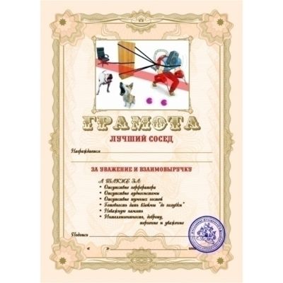 Грамота Лучший Сосед без упаковки.