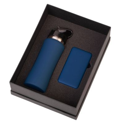 Подарочный набор с бутылкой для воды и повербанком С2, 10000 mAh, темно-синий