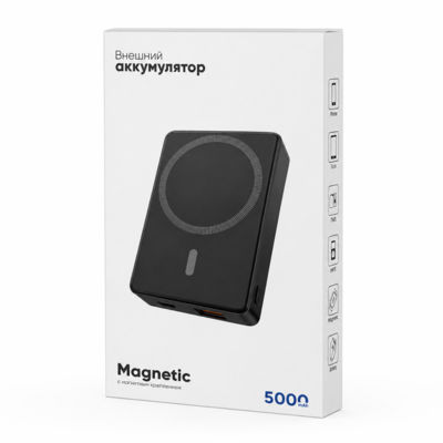 Магнитный внешний аккумулятор Magnetic с беспроводной зарядкой (5W), 5000 Mah, черный