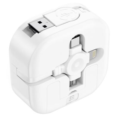 Кабель зарядный выдвижной USB Wingle 3-в-1 на Lightning, Micro-USB, Type-C «U50» 2,4 A, Quick Charge с подставкой для телефона, квадратный, белый