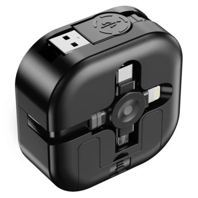 Кабель зарядный выдвижной USB Wingle 3-в-1 на Lightning, Micro-USB, Type-C «U50» 2,4 A, Quick Charge с подставкой для телефона, квадратный, черный
