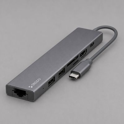 USB Type-C хаб 7-в-1, HDMI, Power Delivery, 2xUSB 3.0, RJ45, microSD/SD, графит, Deppa