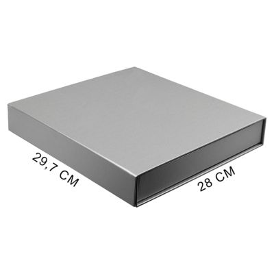 Подарочная коробка, размер 29,7*28,0*4,5 см, Solution Prestige Magnum Fabrique магнитным клапаном под индивидуальную вырубку, с ложементом из поролона, серебристая